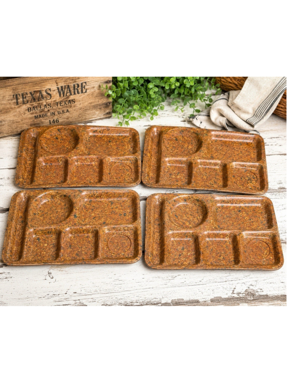 4 Piece Vintage Texas Ware Cafeteria Style Divided Confetti Trays Plates